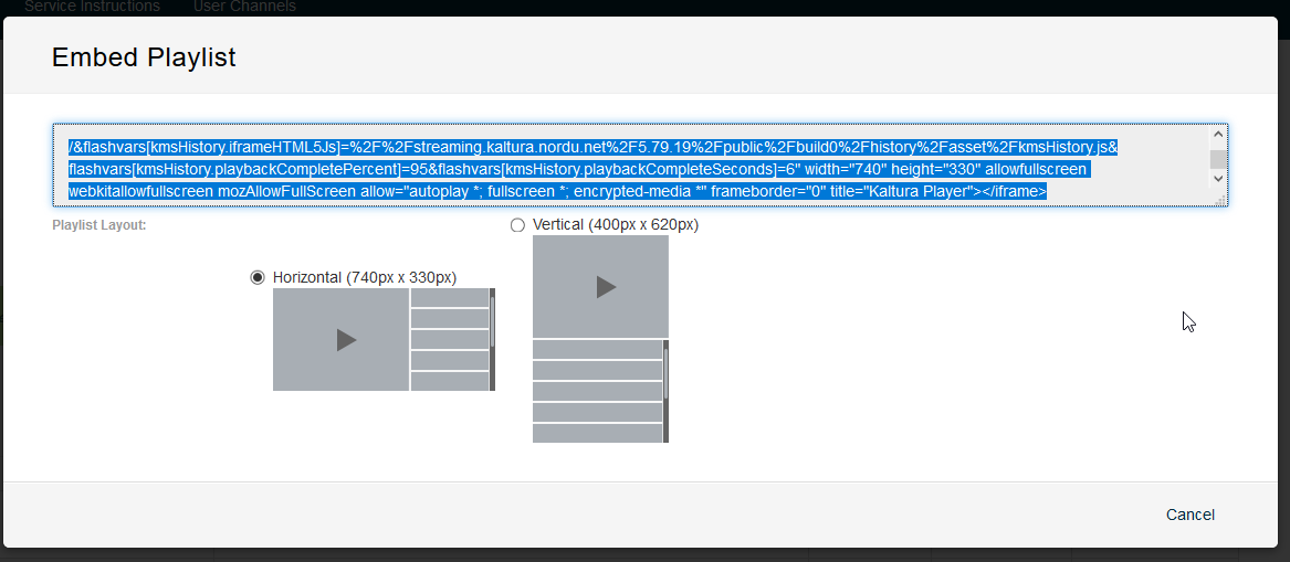 Html code. The playlist can be set either horizontally or vertically.