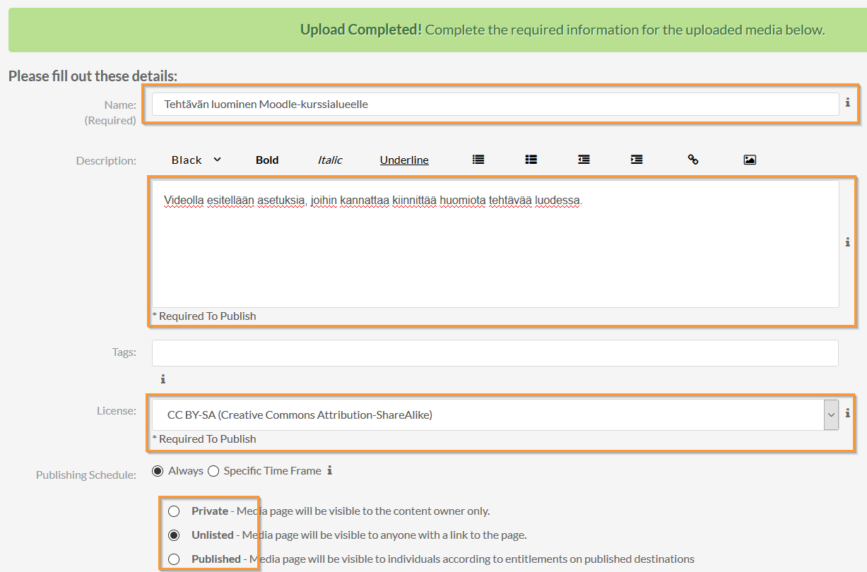 Video detail view. There are name, description, License and publishing fields.