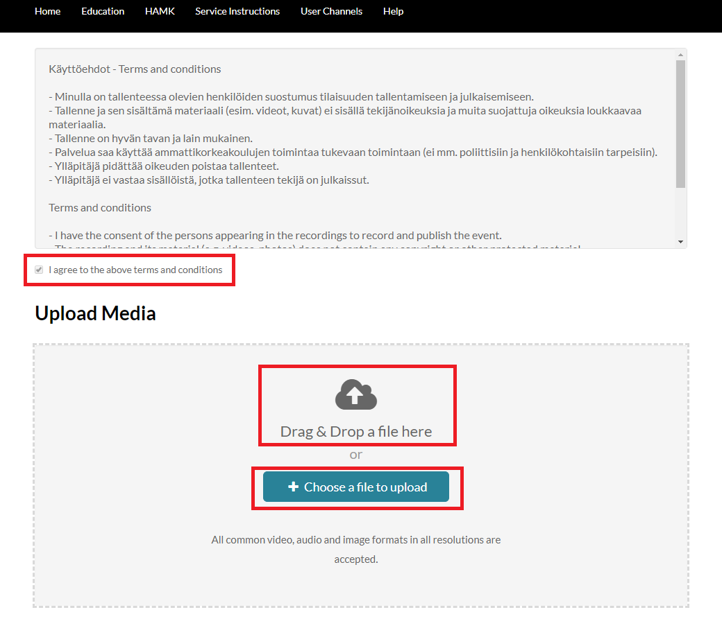 Kaltura's media upload view. There is a checkbox for terms and conditions and possibility to add a file attachment.