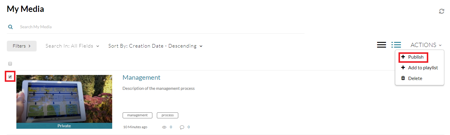 Kaltura, My Media sivu. Actions-painikkeen alta löytyy Publish-painike.
