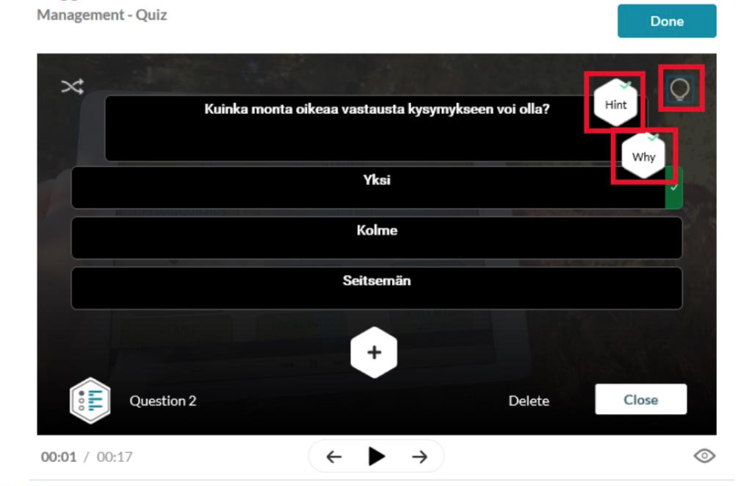 Kysymyksen Hint ja Why toiminnot.