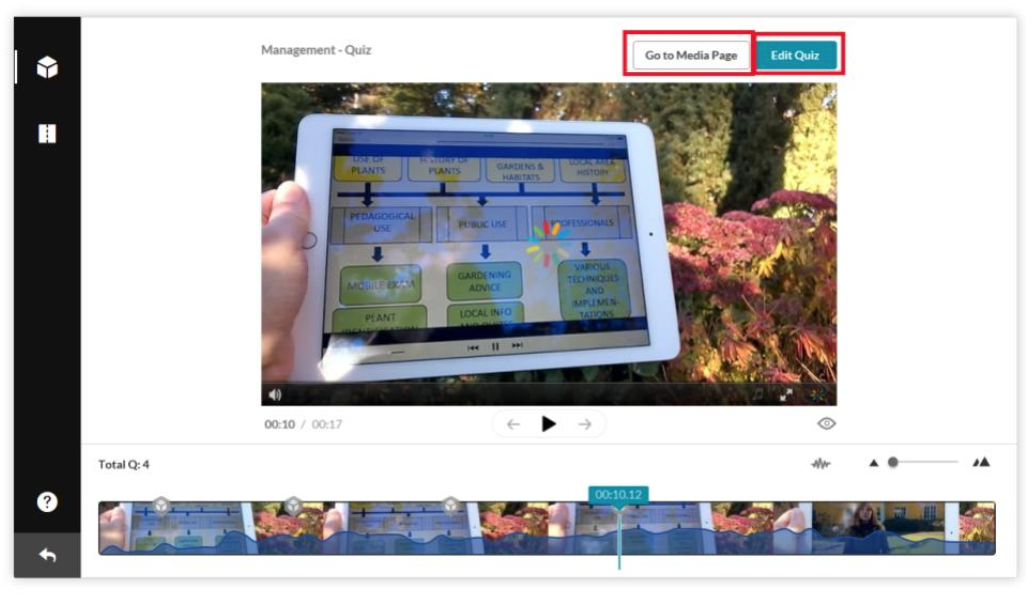 Kaltura Quiz's Go to Media Page and Edit Quiz buttons.