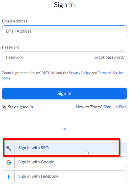 Zoom sign in view. There is a sign in with SSO button.