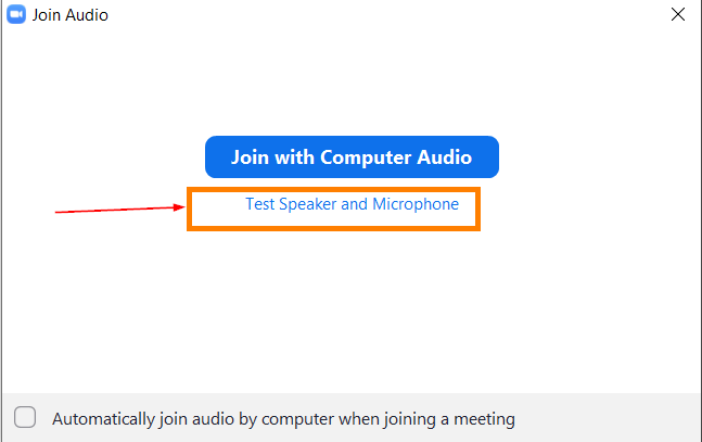 Join audio näkymä, jossa on Test Speaker and Microphone -painike.