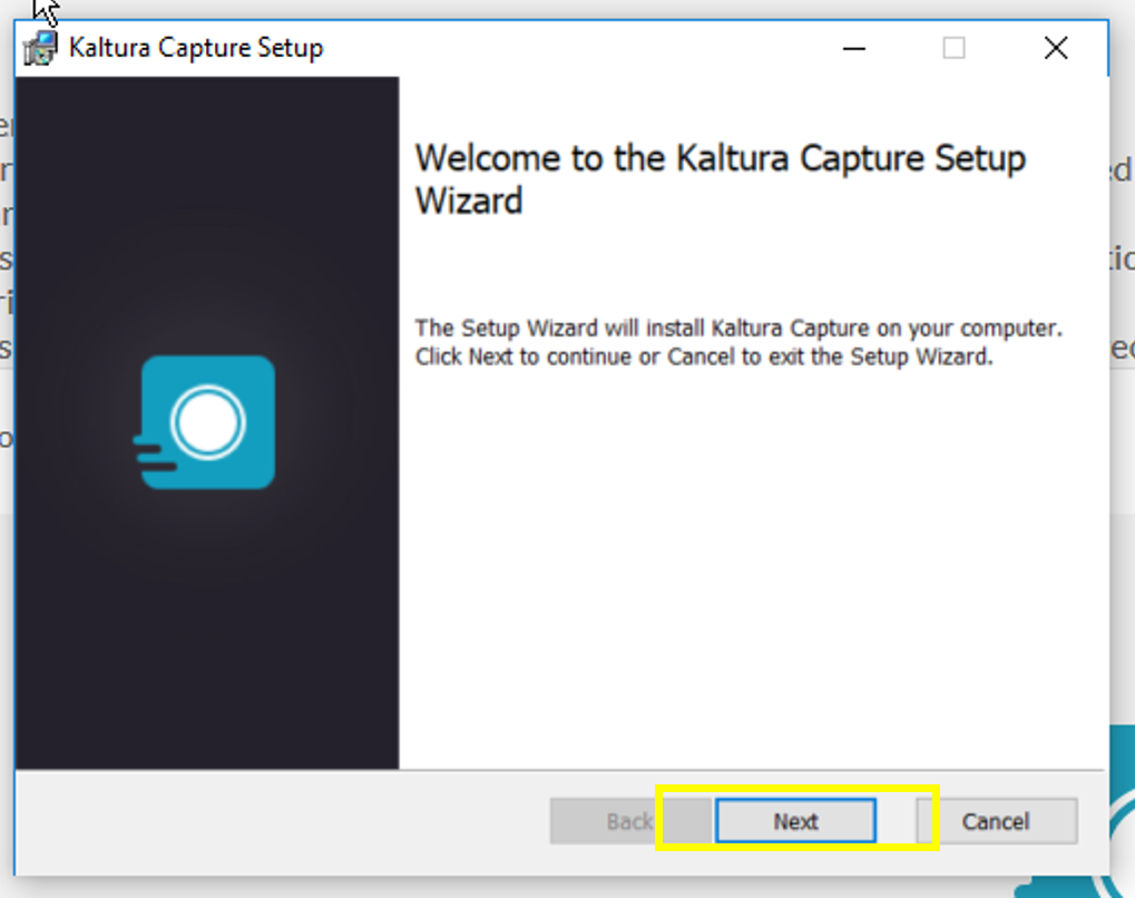 Kaltura Capture Setup -ikkunan Next-painike.