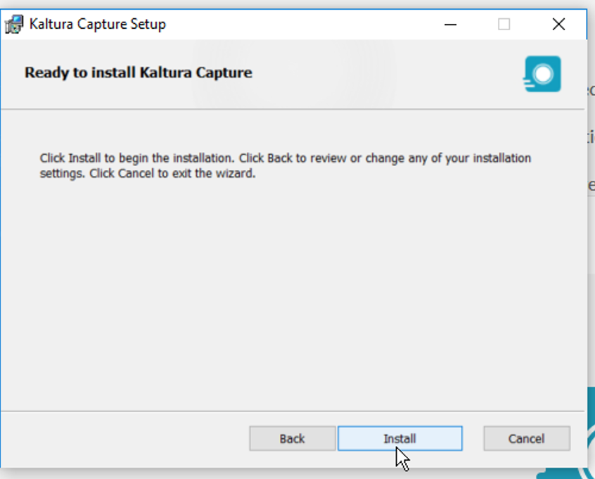 Kaltura Capture Setup Install button.