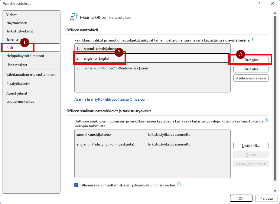 Wordin Asetukset-valikko, jossa korostettu ja numeroitu kohdat 1. Kieli, 2. englanti [English], 3. Siirrä ylös.