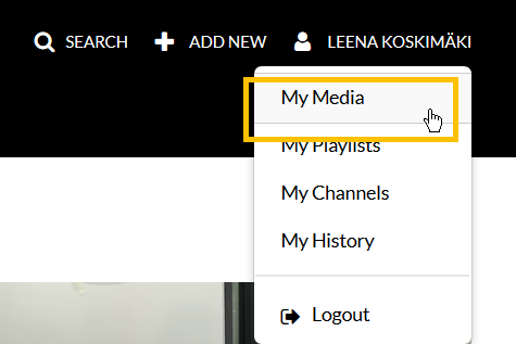 Kaltura My Media button under users name.