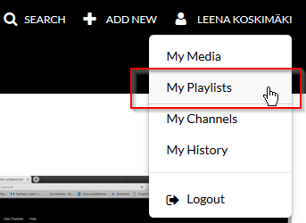 Kaltura, oman nimen alla oleva My Playlists -painike.