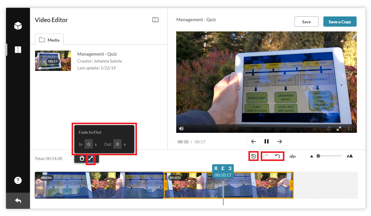 Kaltura's video editor and its reset and Fade in/Fade out functions.