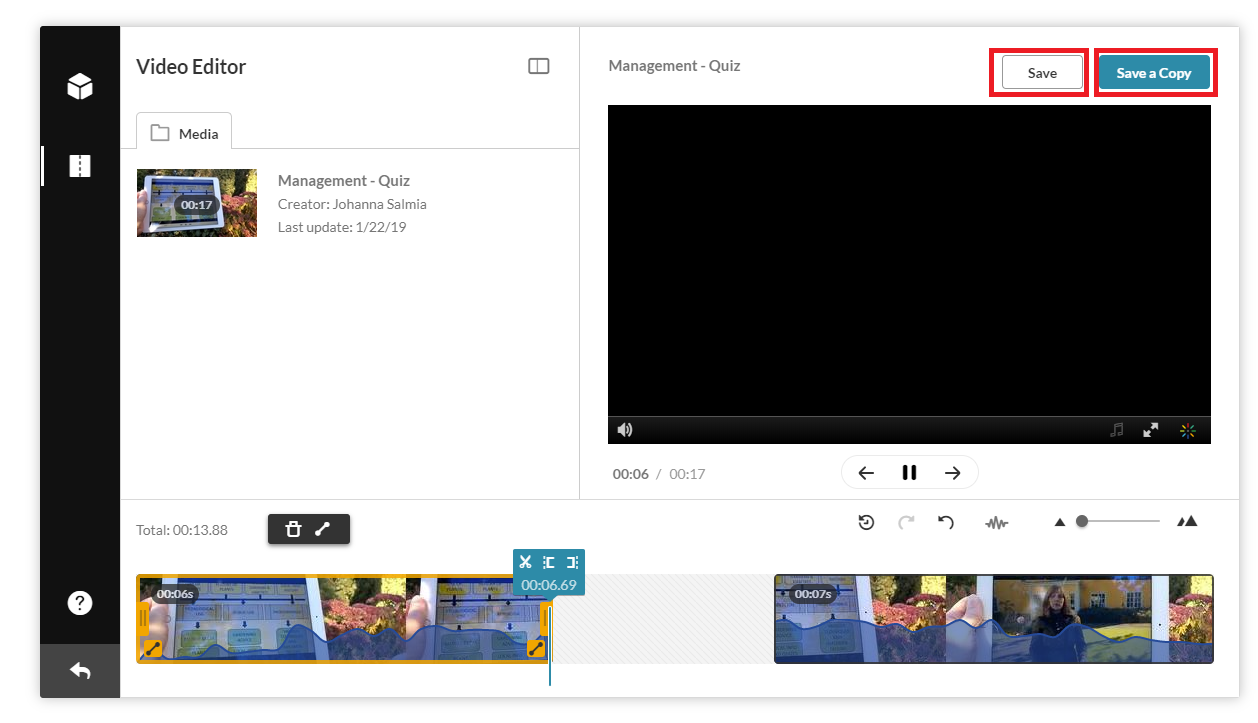 The save and save a copy buttons of the Kaltura video editor.