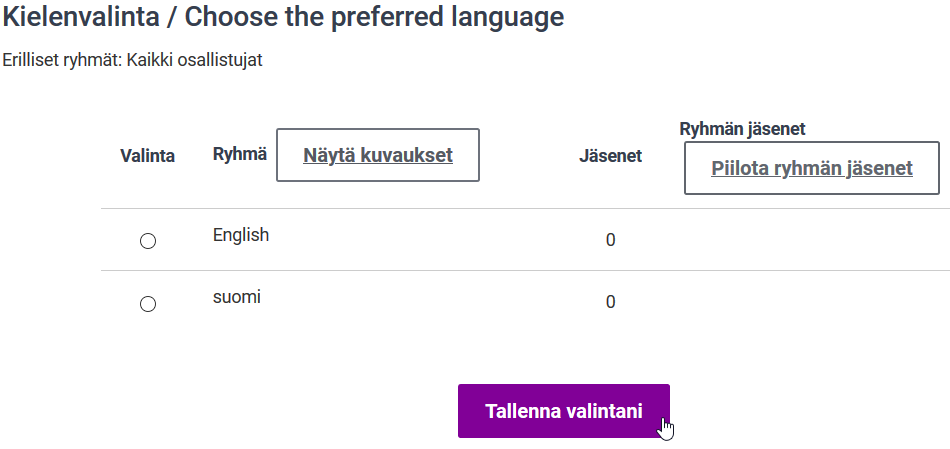 Esimerkki ryhmän valinta -työkalusta