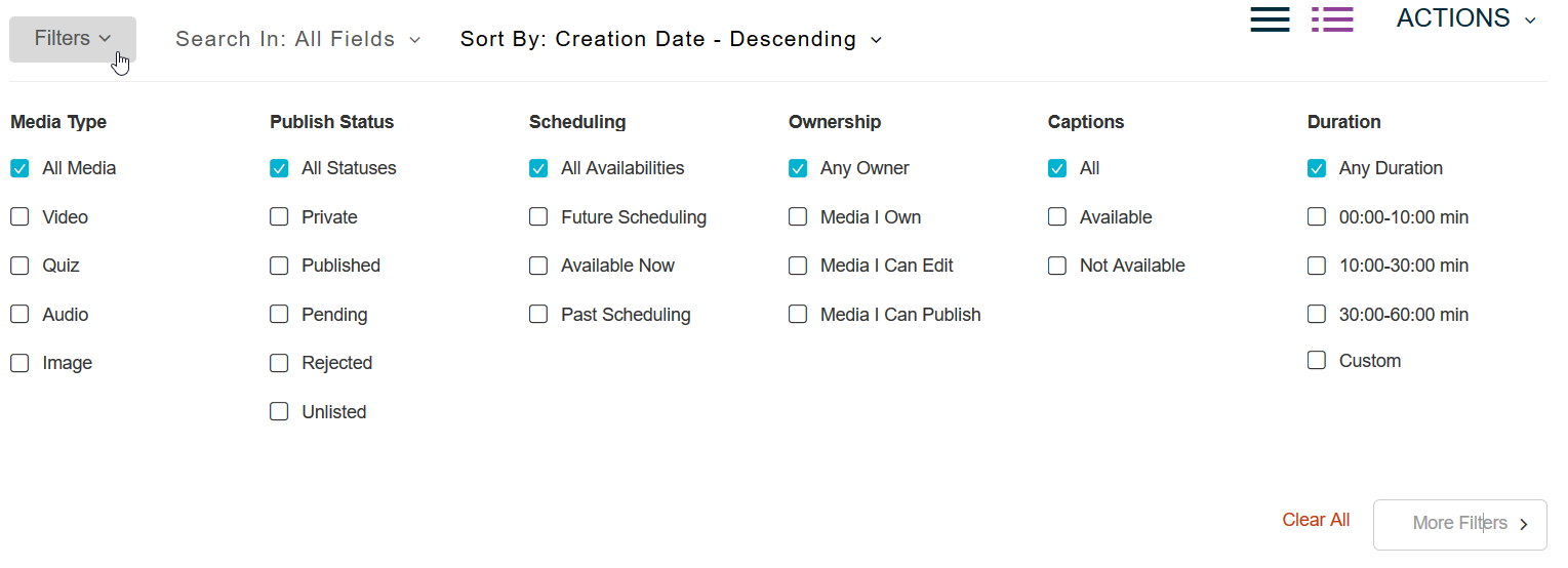 kaltura filtering options.