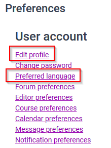 moodle edit profile and Preferred language buttons.