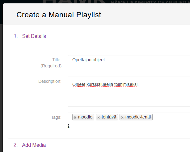 Channel playlist creation view. Title, description and tags can be added to the playlist.