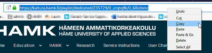 Kalturan URL-osoitteen kopioiminen.