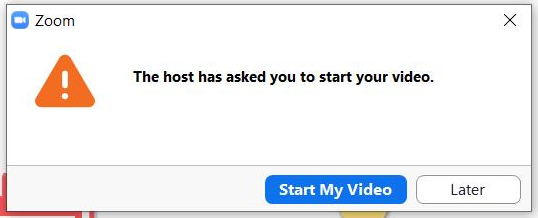 host has asked you to start video -ilmoitus, jossa on painikkeet videon aloittamista ja myöhemmäksi lykkäämistä varten.