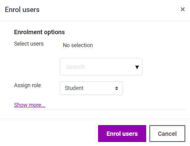 Enrolment options. There is a search bar for user and assign role dropdown list. There is a enrol users button at the bottom.