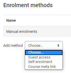 Add method menu. There are three options: Guest access, Self enrolment and Course meta link.