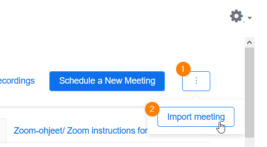 Kolmen pisten valikon alla oleva Import meeting -painike.