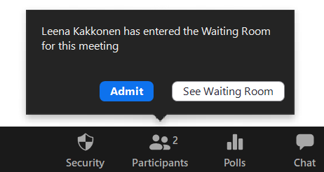 Host's notification that notifies when there are people in the waiting room. There is a Admit and See Waiting Room buttons on the notification. 