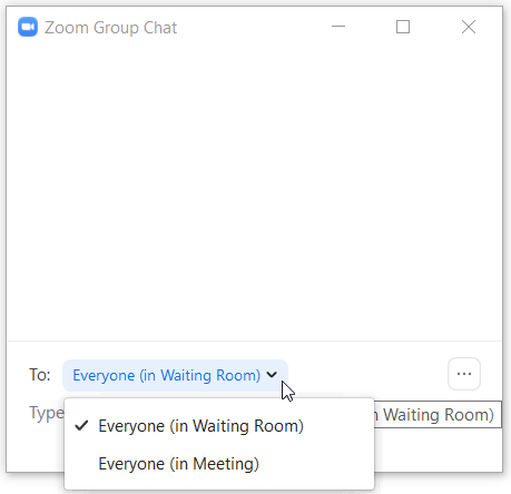 Zoom group chat window. There is an option to send message to everyone in waiting room or everyone in meeting.