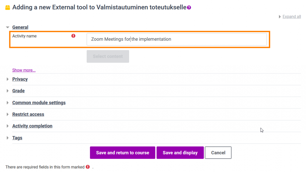 activity name text field.