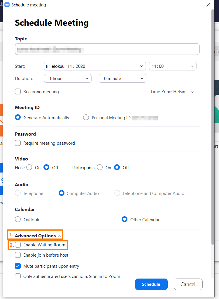 Chedule meeting view. There is aEnable Waiting Room option under Advanced Options.