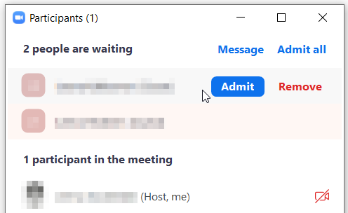 Waiting room on the participants list. There is an Admit and remove buttons next to a participant. 