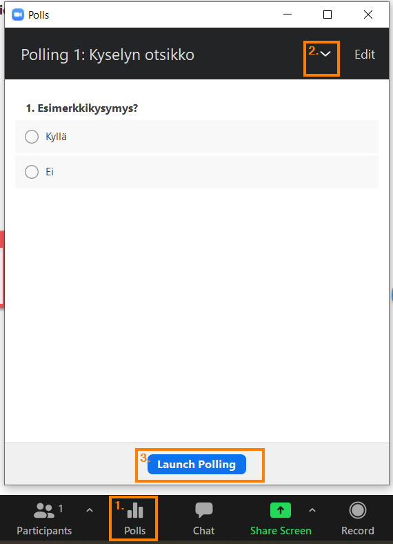 Polls-näkymä ja sen painikkeet ja ominaisuudet.