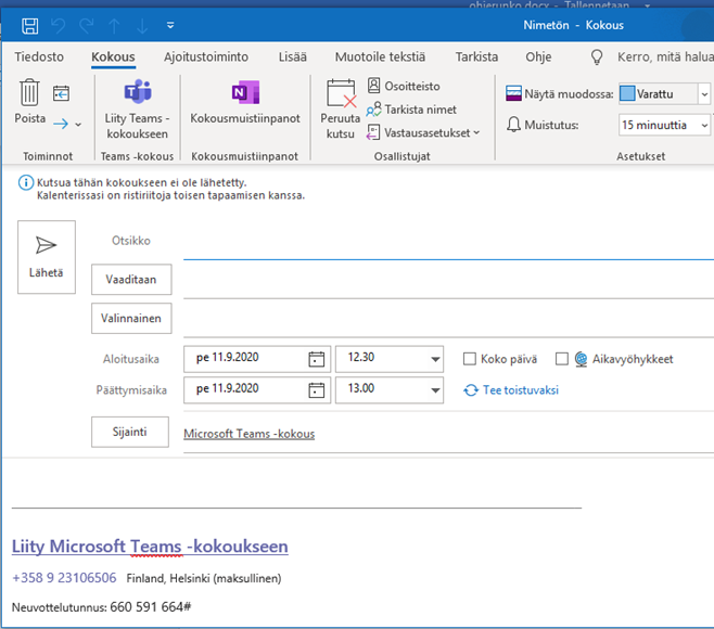 Outlook näkymä, johon voi lisätä kokouksen tarpeelliset tiedot, kuten osallistujat.