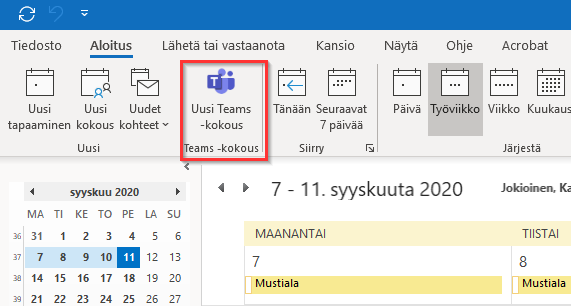 Uusi Teams kokous -painike Outlookissa.