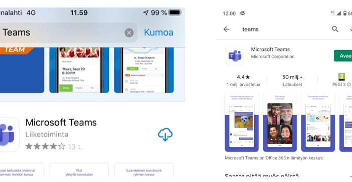 Teams-sovellus Applen Appsoressa ja Google play storessa.
