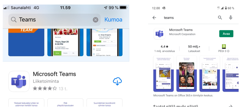 Teams-sovellus Applen Appsoressa ja Google play storessa.