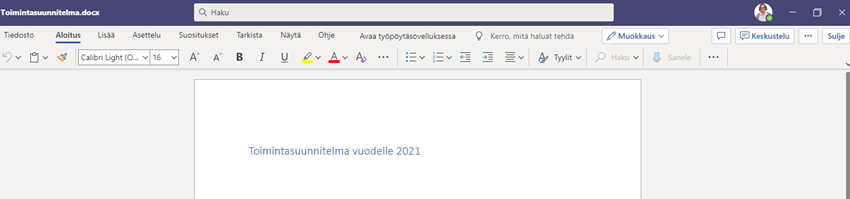 Word-tiedosto auki Teamsissä.