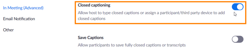 Zoom closed captions on