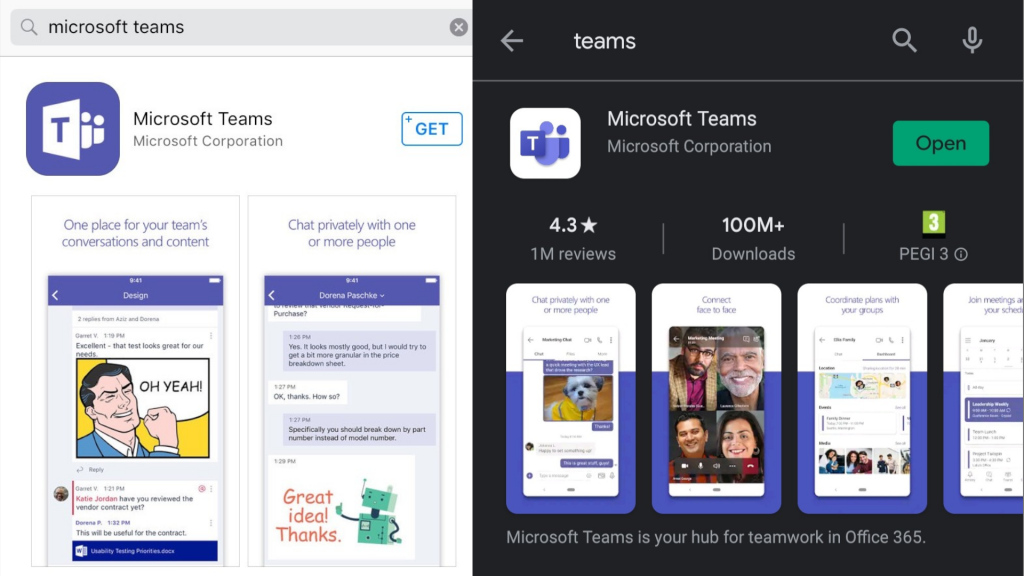 Teams application in Google Play Store and Apple Appstore.
