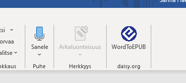 WordToEPUB painike Word ohjelmassa.