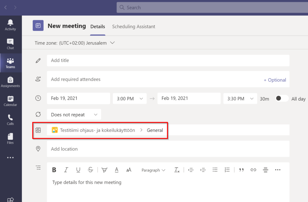 Calender invitation for a channel meeting.