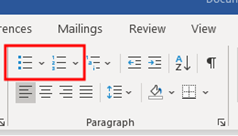 Paragraph lists with bullet points or and numbering in Microsoft Word.