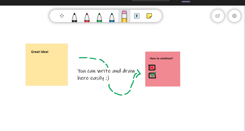 Sticky notes and drawing in the Microsoft Whiteboard as an example.