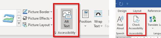 Two options to add alternative text for a picture in Word-application ribbon.