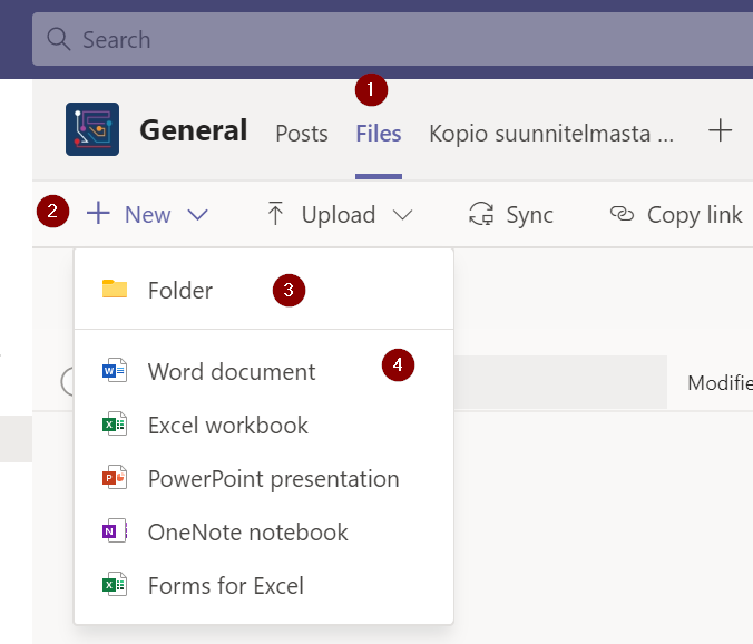 Options to create a new folder or document in Teams.