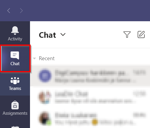 Chat-icon on the left-side bar in Teams.