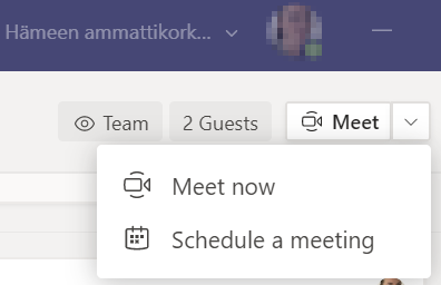 Two options for a Teams call: meet now or schedule a meeting.