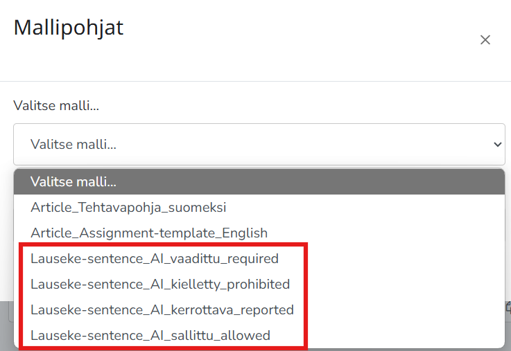 Kuvakaappaus Mallipohjat-alasvetovalikosta.