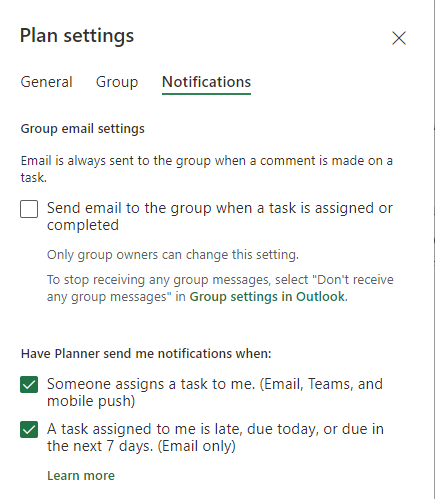 Plan settings include three tabs: general settings, group settings and notification settings.