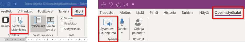Syventävän lukuohjelman kuvakkeet Wordissa ja OneNotessa.