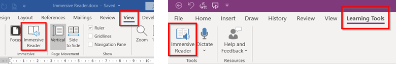 Immersive Reader buttons in Word and in OneNote located in View and Learning tools ribbin.