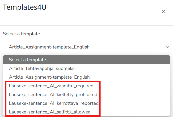 Screenshot of the templates drop-down menu